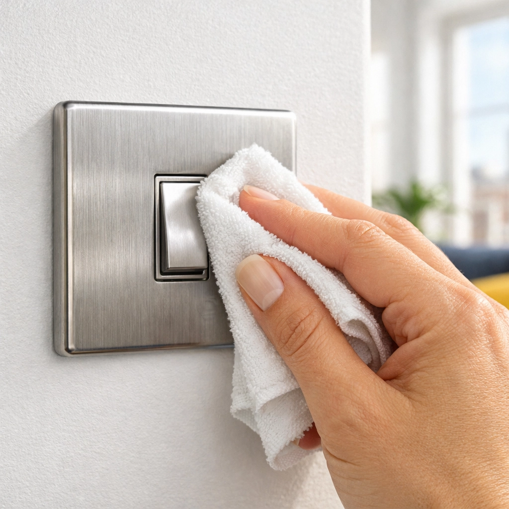 Sanitizing a light switch during a deep cleaning Worcester to keep local homes healthy and germ-free.