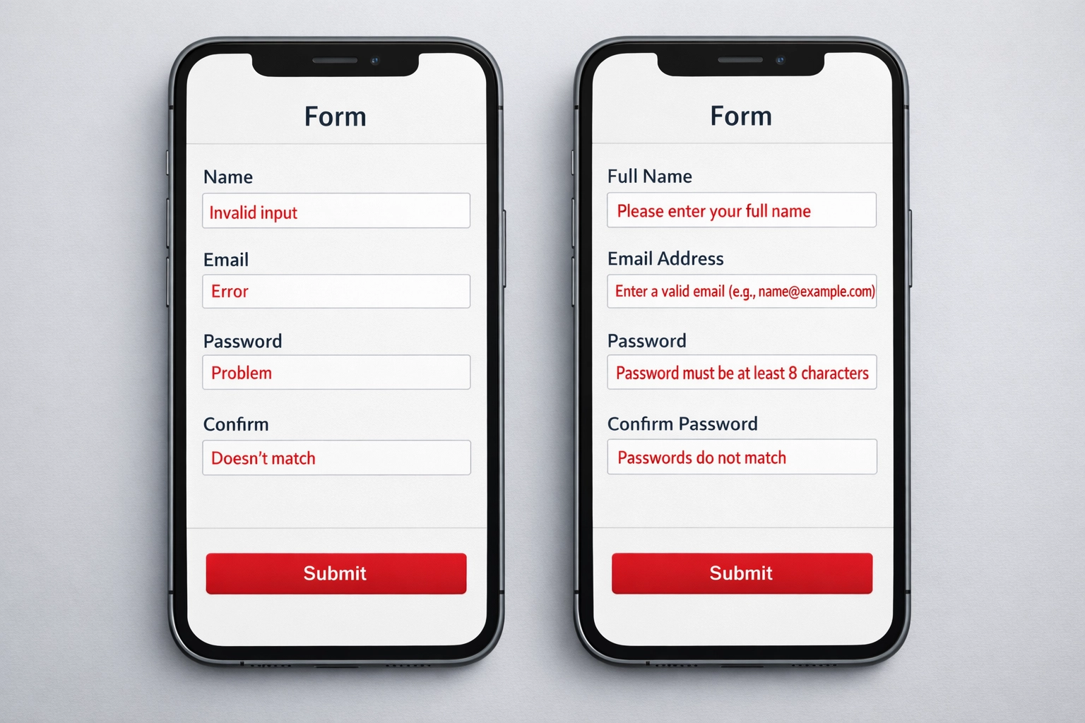 Mobile form accessibility comparison showing unclear vs clear error messages and labels