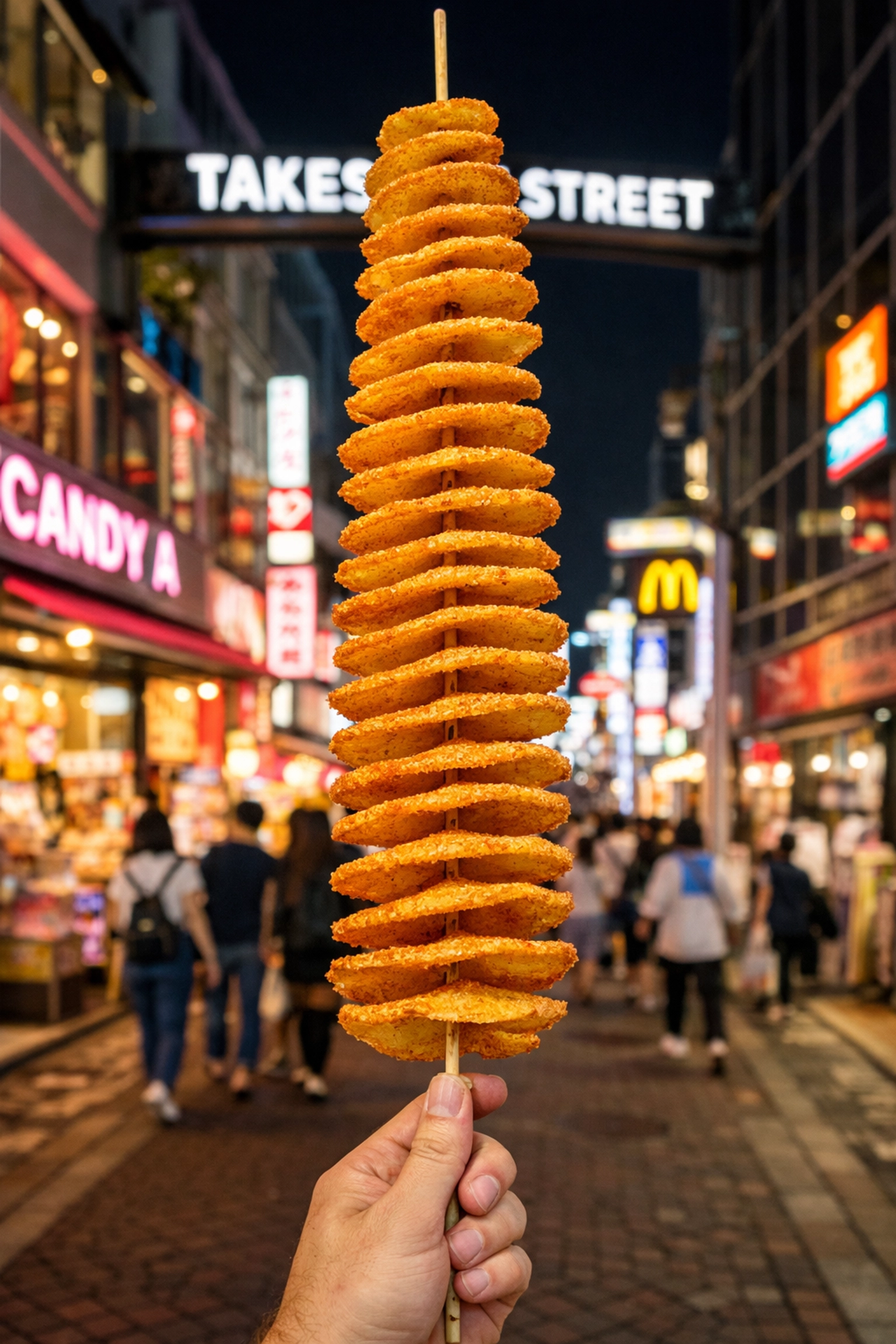 Giant spiral-cut tornado potato on a stick, a famous and photogenic Takeshita Street snack in Harajuku.