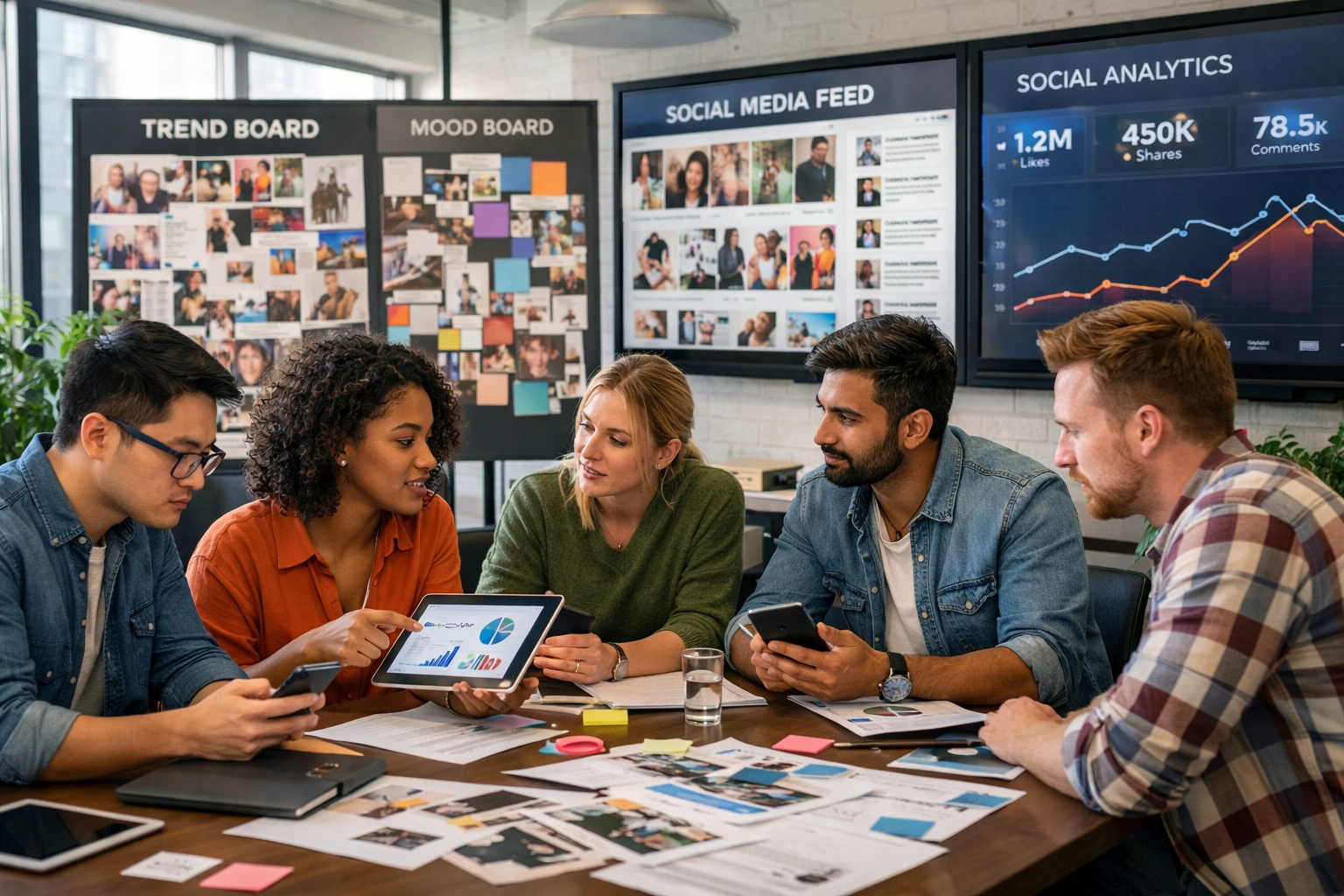 Marketing team analyzing cultural trends for Super Bowl brand campaign planning