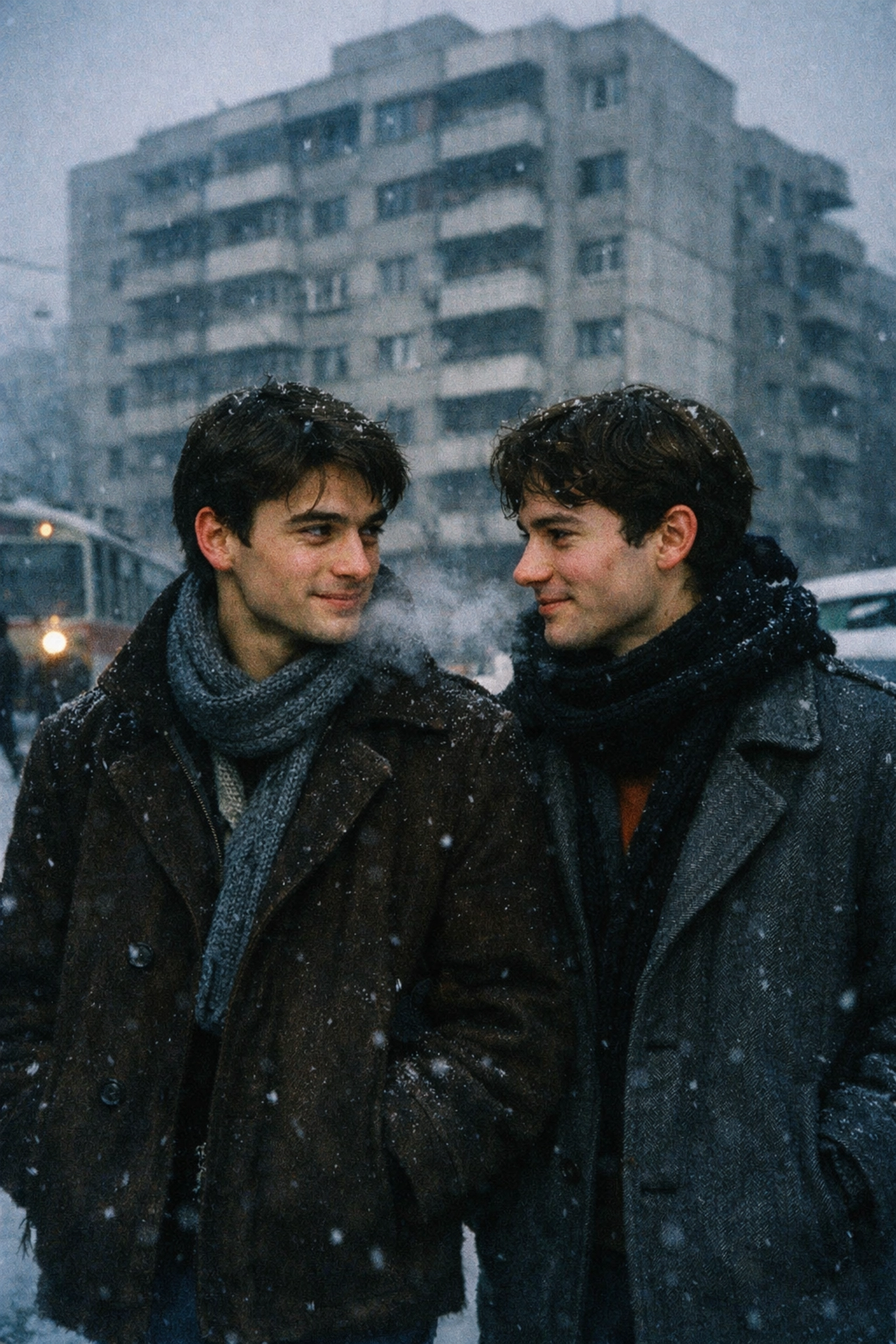 Two gay men walking together on snowy Bucharest street during communist Romania 1980s