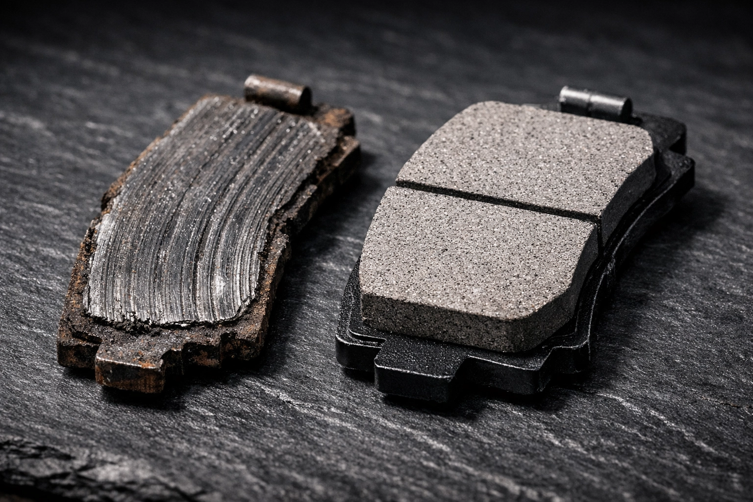 Side-by-side comparison of a dangerously worn brake pad versus a new high-performance brake pad.