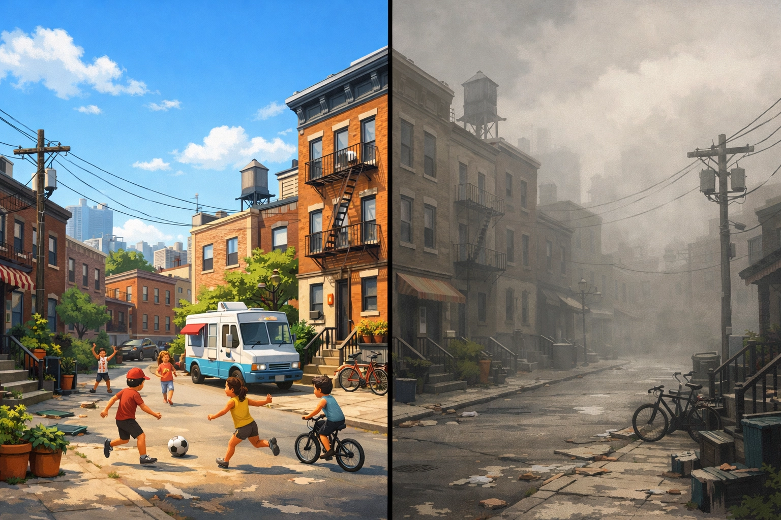 Urban neighborhood air quality comparison showing clean versus polluted air