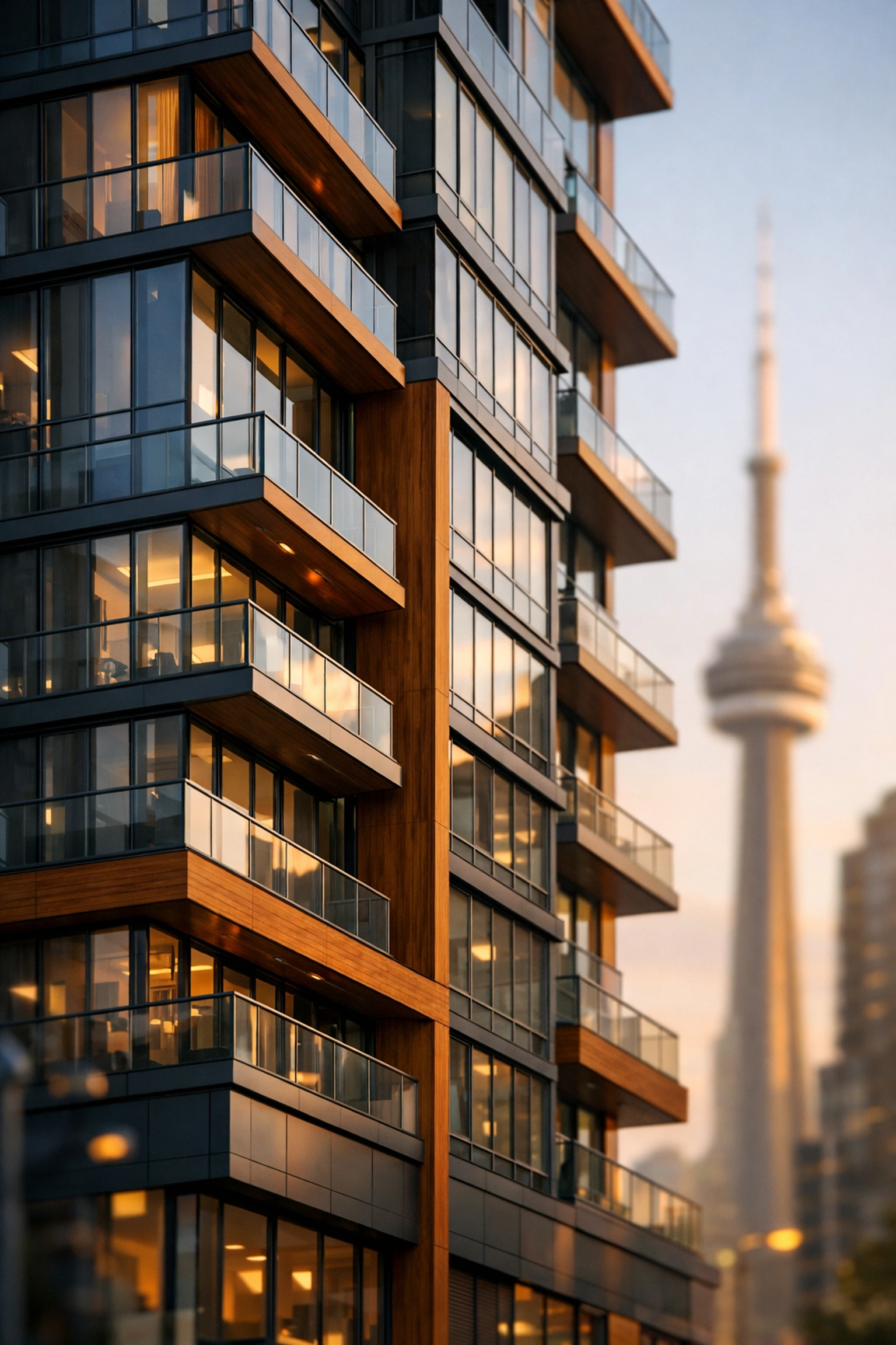 Modern Toronto condo building with CN Tower representing Ontario first time home buyer opportunities