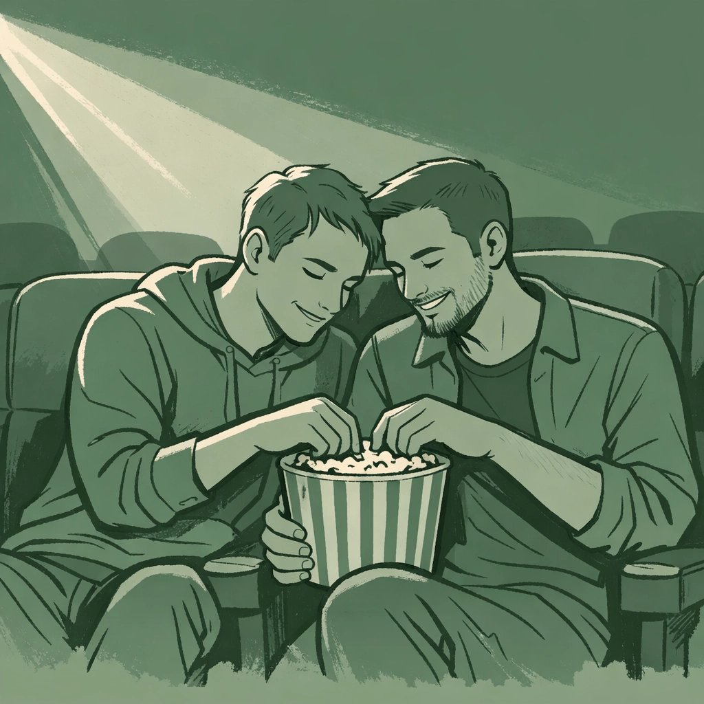 LGBTQ+ couple enjoying queer cinema film together in movie theater