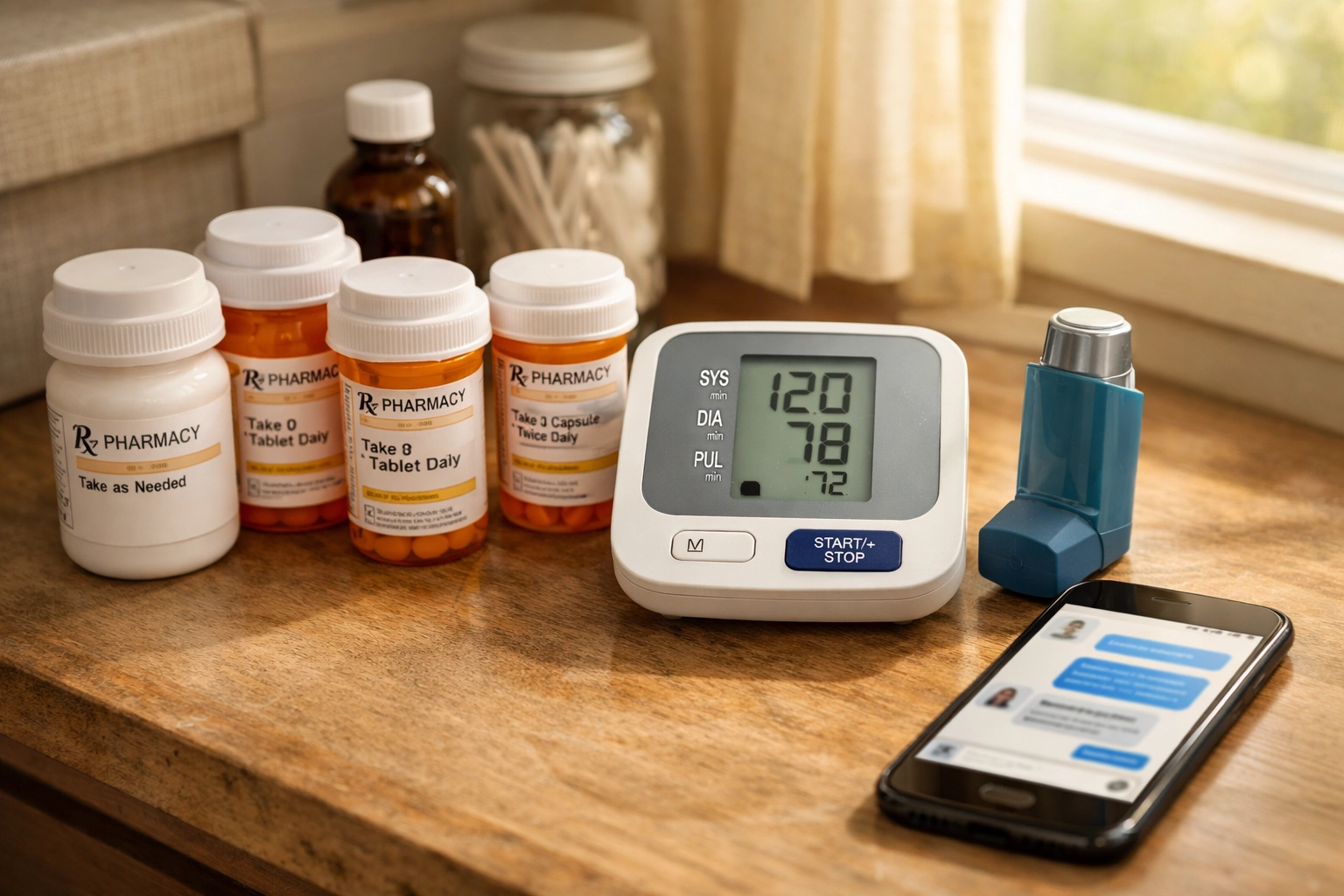 Home medicine cabinet with blood pressure monitor, asthma inhaler, and prescription medications for chronic conditions