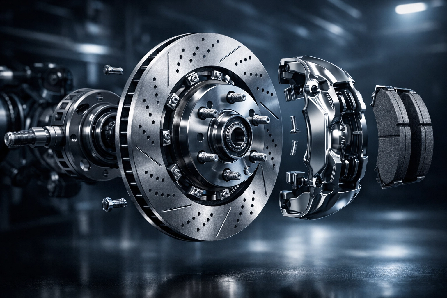 Exploded view of a car brake system showing the rotor, pads, and caliper for a brake repair service.