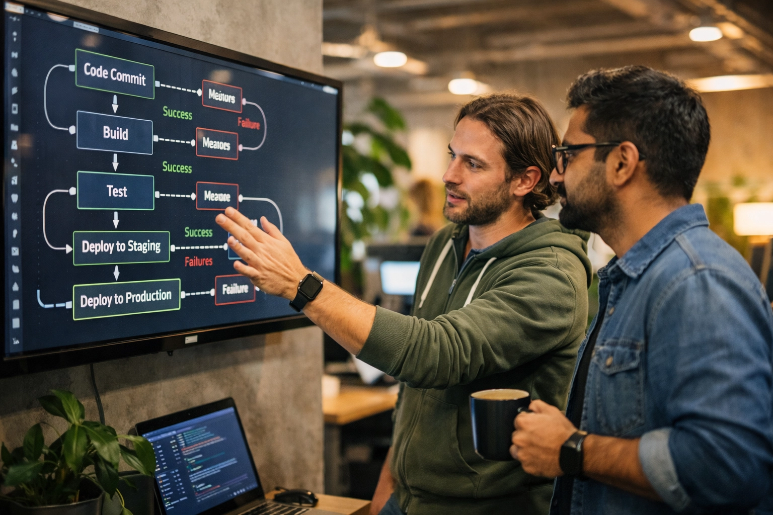 Technical specialists collaborating on a ServiceNow ITOM deployment pipeline and automated DevOps workflow.