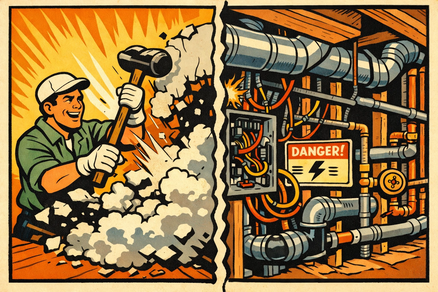 Hidden electrical wiring and plumbing exposed behind wall during home remodel