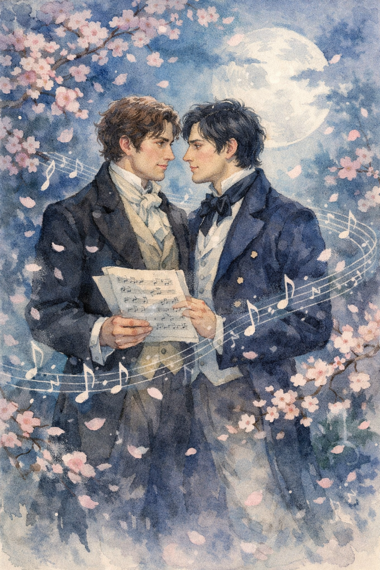 Two male classical composers share romantic moment with sheet music in moonlit garden