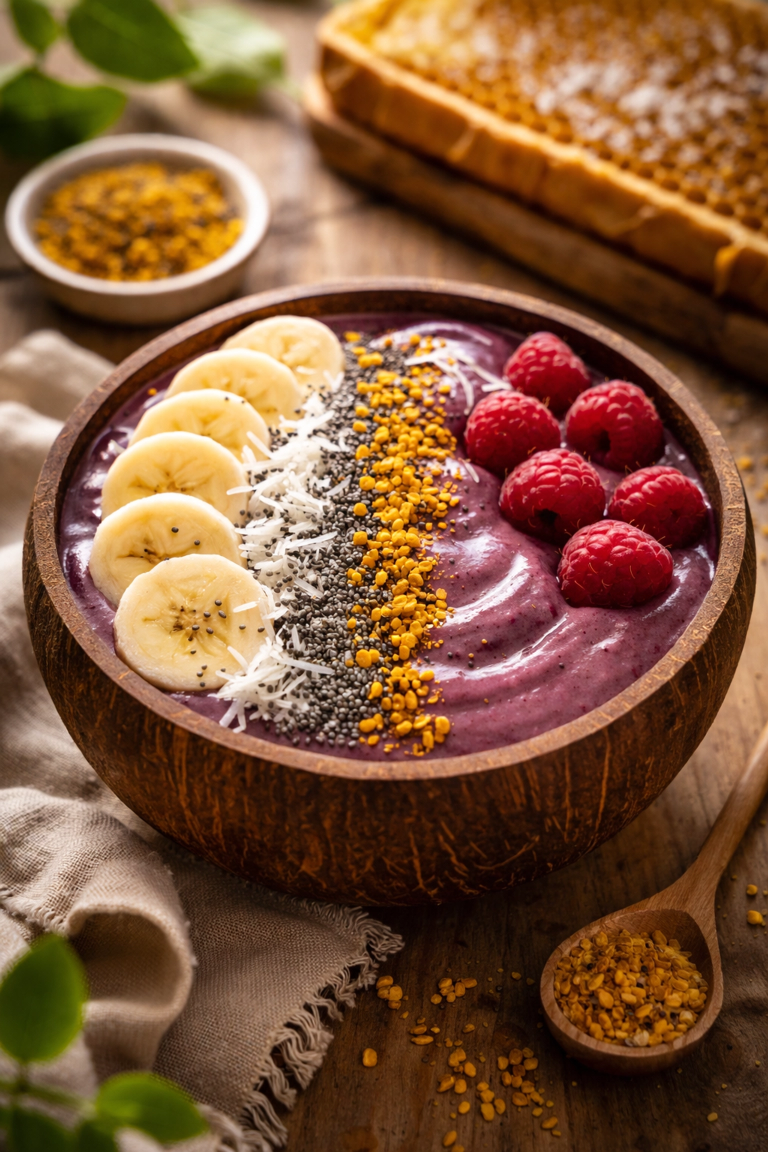 Acai smoothie bowl with banana, berries, coconut flakes, chia seeds, and bee pollen for a wholesome afternoon snack