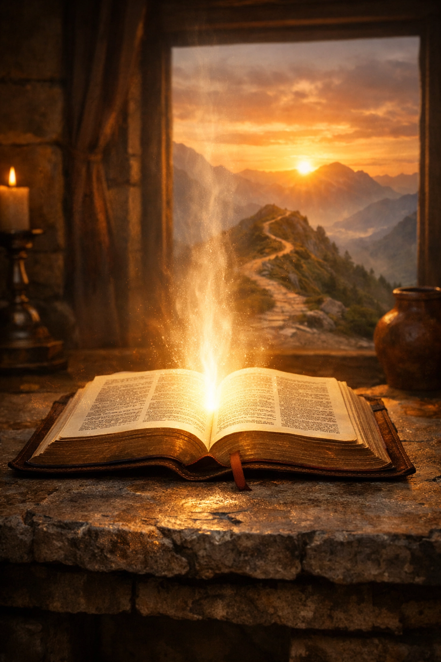 An open Bible with radiant light near a mountain path, symbolizing the long-term journey of spiritual growth.