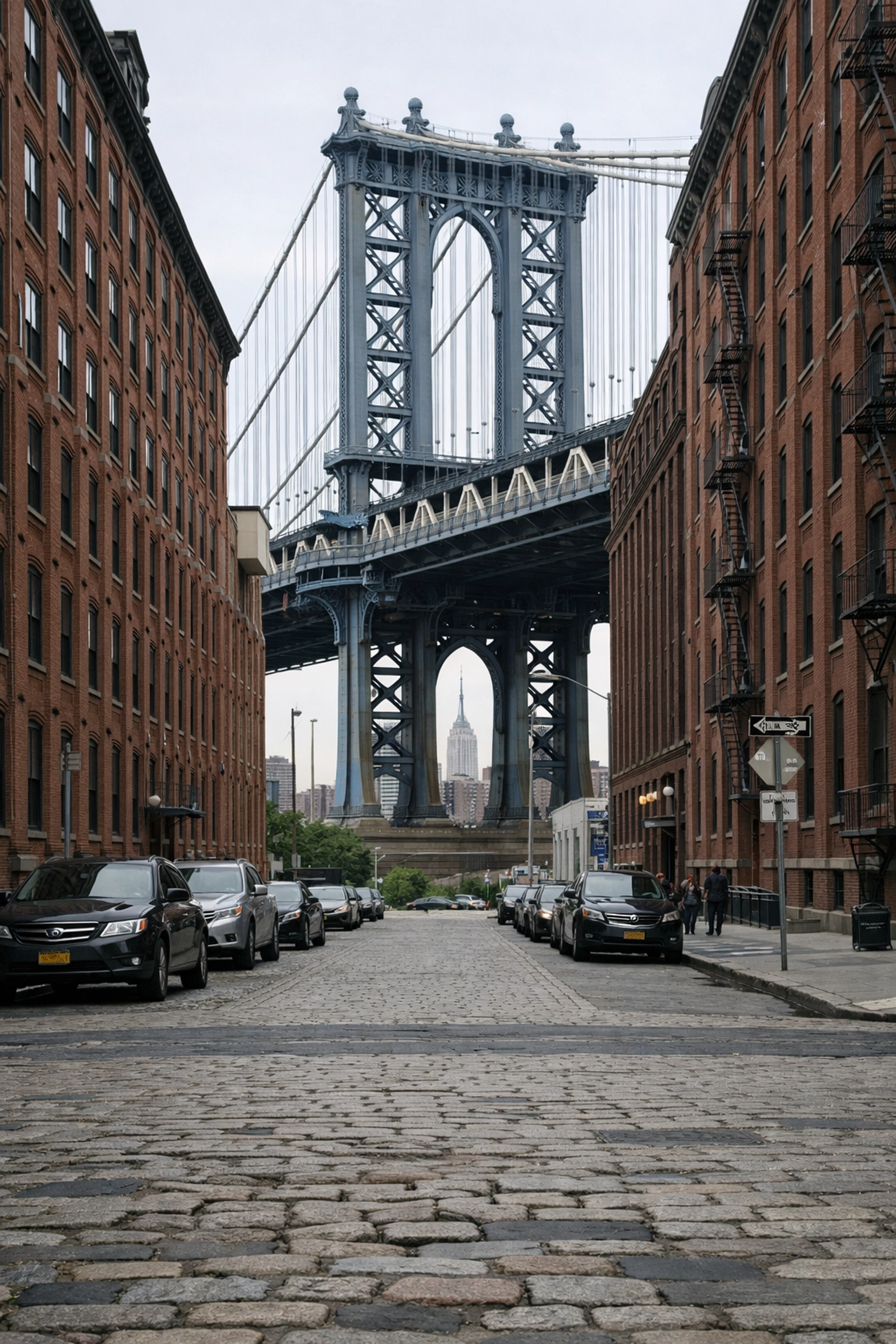 Manhattan Bridge framed by DUMBO buildings, a classic New York City photography location.