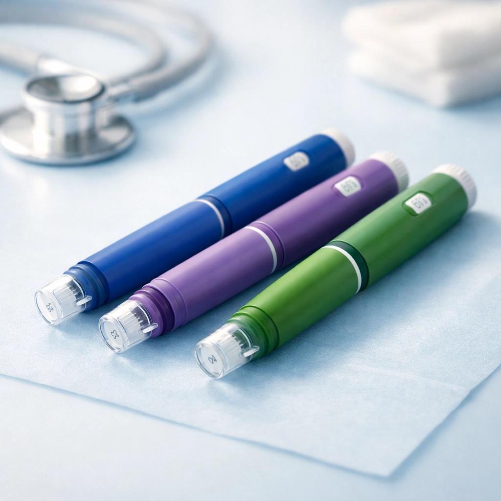 Three different GLP-1 medication pens for weight loss comparison