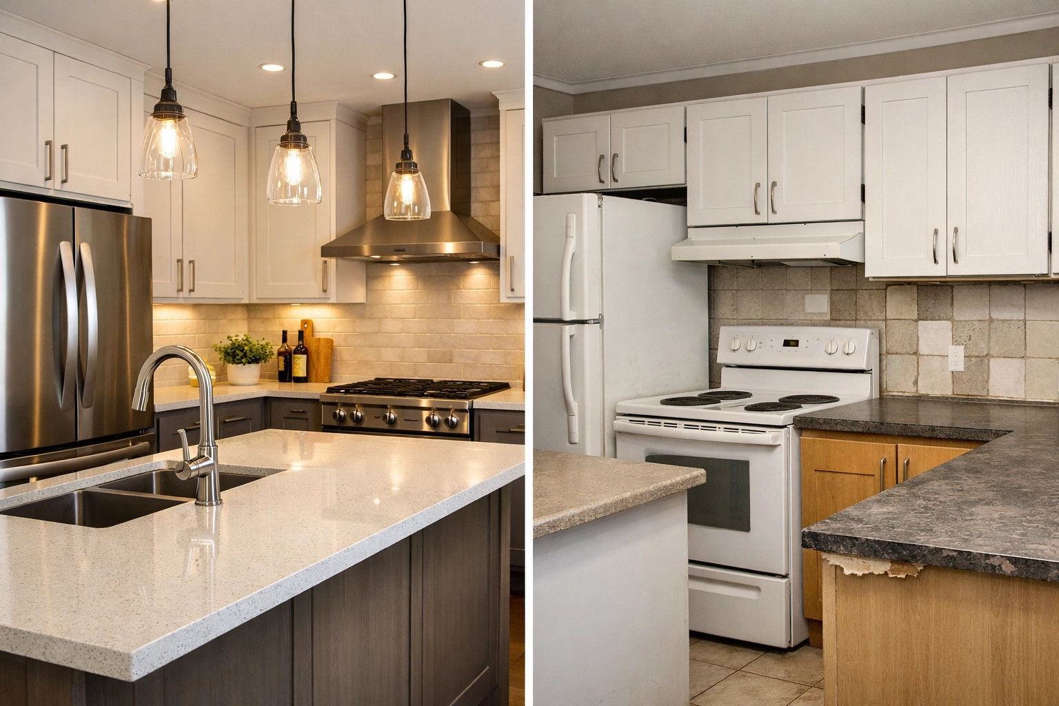 Side-by-side comparison showing quality kitchen renovation versus poor contractor workmanship