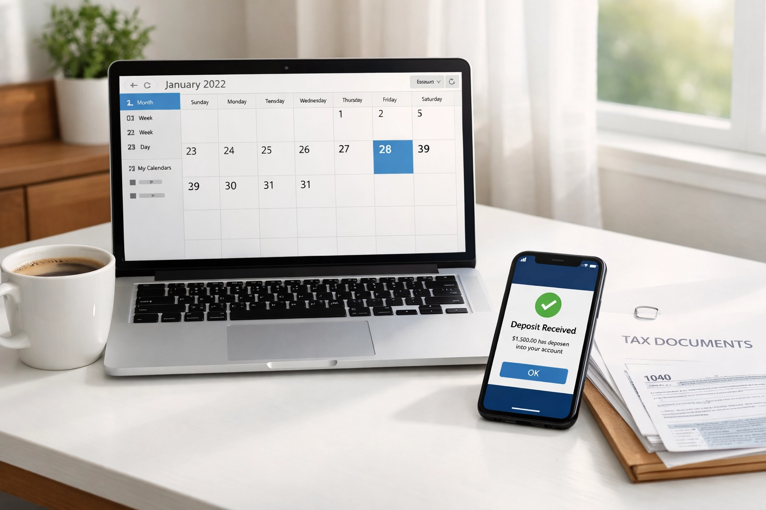 Tax refund direct deposit notification on phone with 2026 tax documents