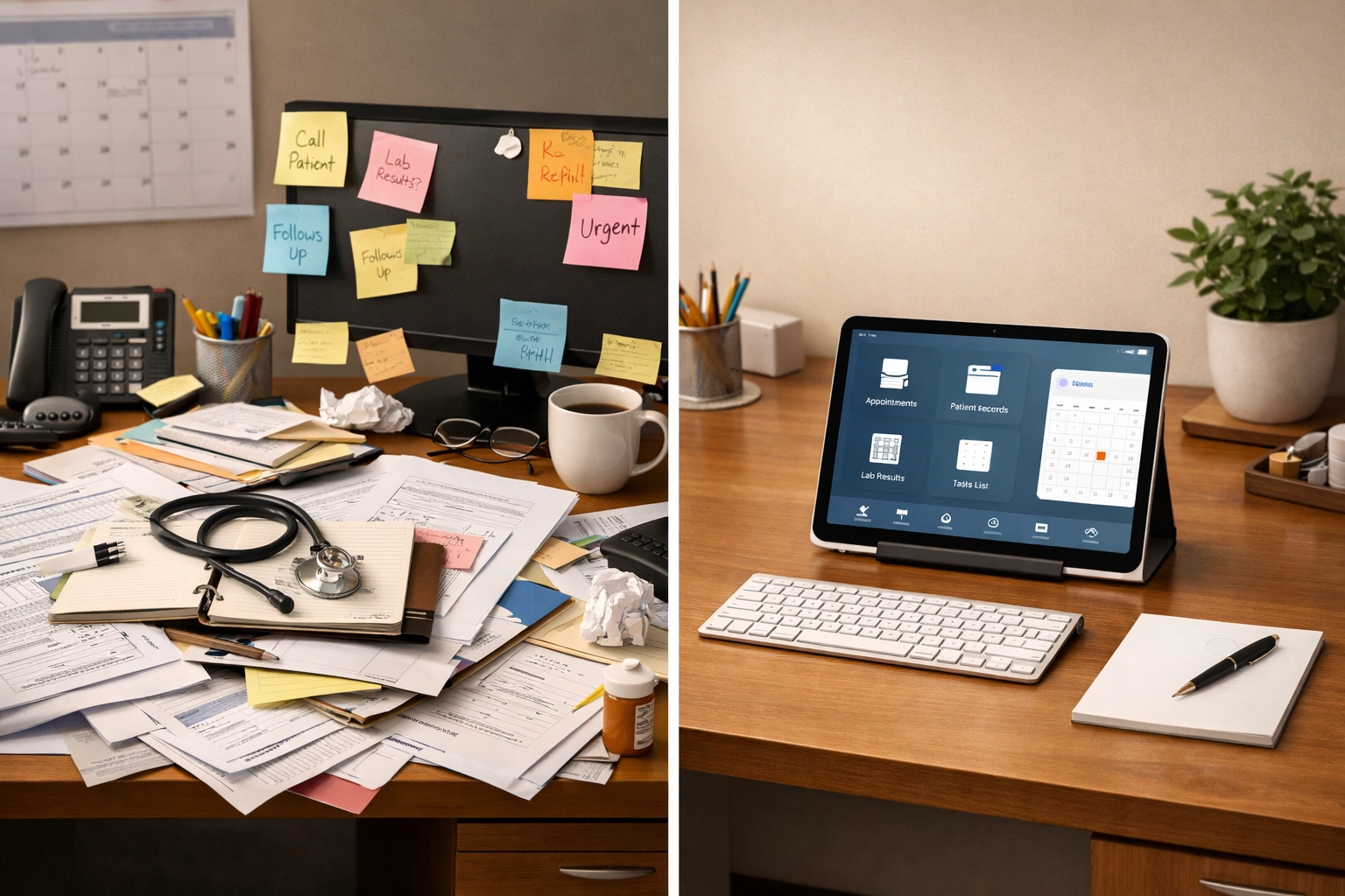 <strong>Monday: The Time Trap: Why Healthcare Practice Owners Can't Find Hours in Their Day</strong> Before and after comparison of cluttered desk versus organized digital practice system