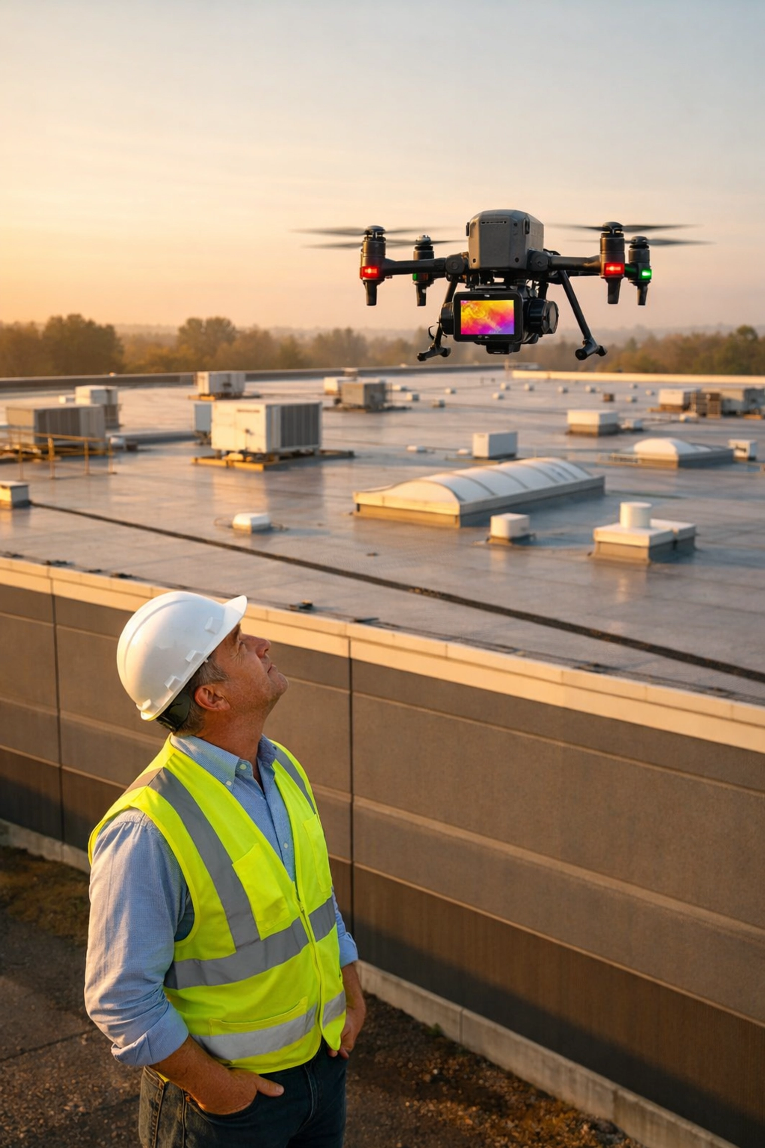 Property manager monitoring drone roof inspection for safe, efficient thermal analysis