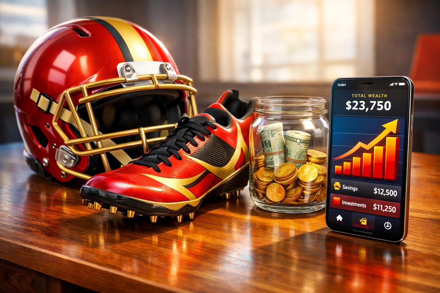 Sports equipment next to a jar of savings symbolizing NIL income management and tax planning for athletes.