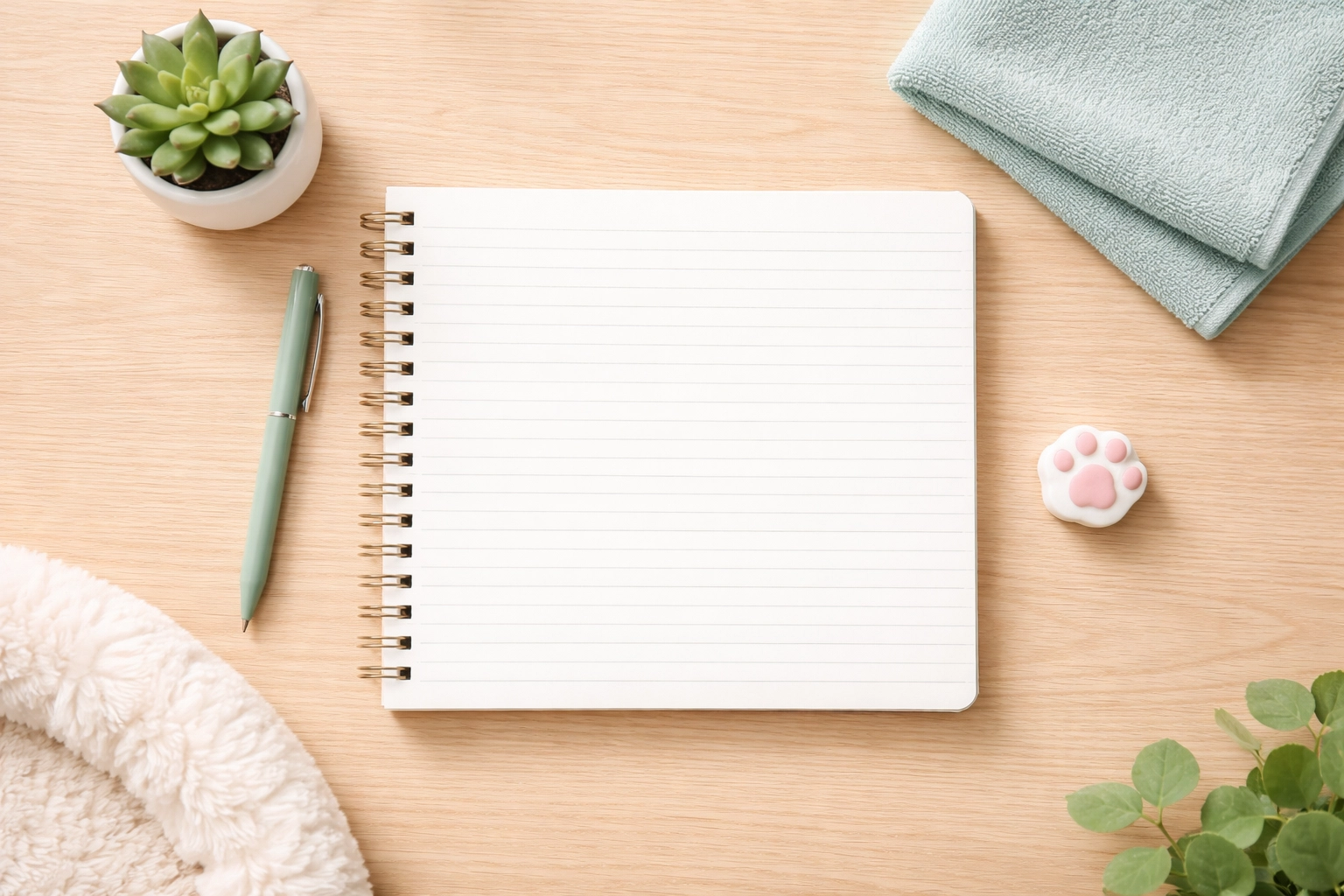 Overhead view of a pet-friendly cleaning checklist with notebook, teal pen, cloth, and dog bed, promoting organized routines