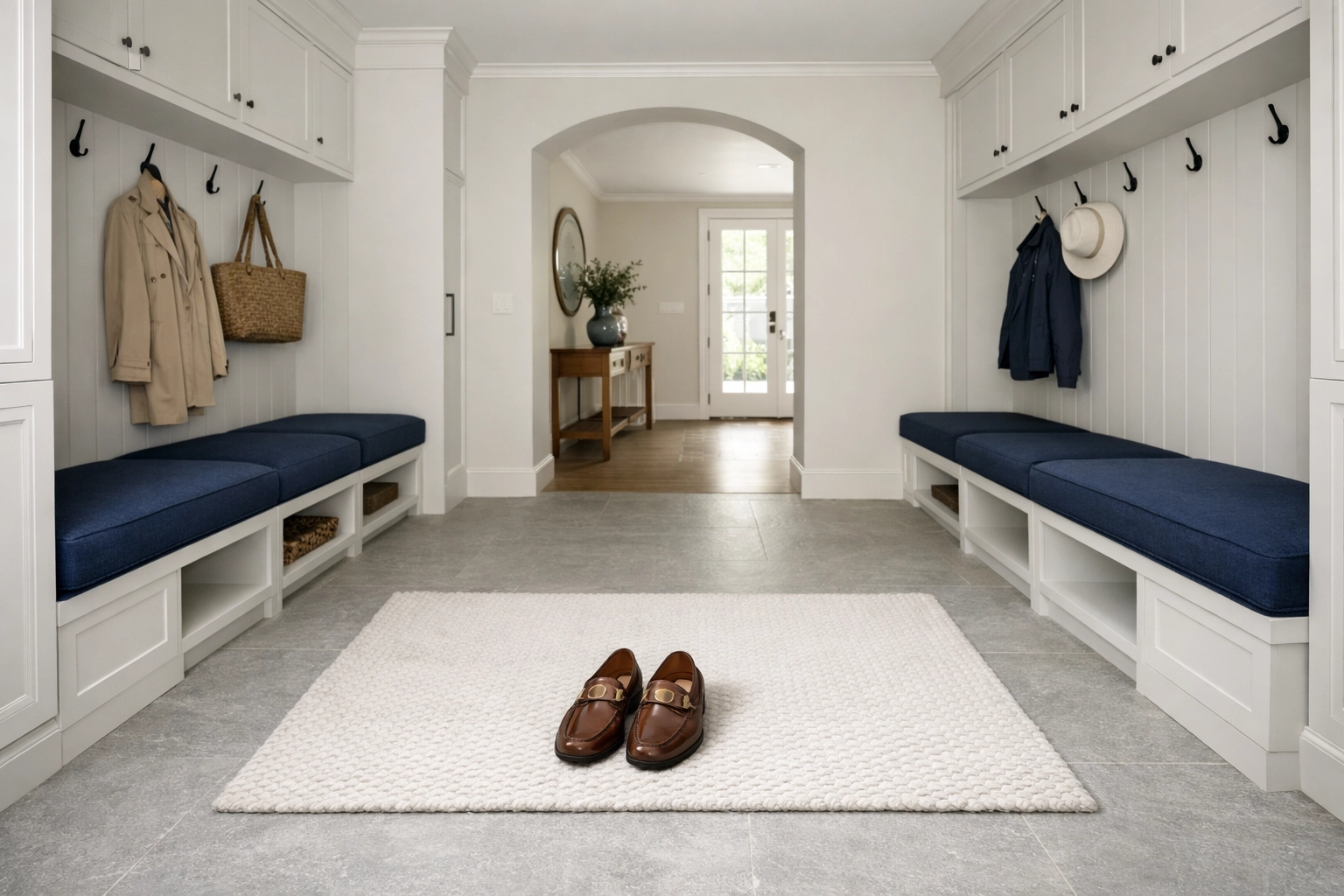 Organized luxury mudroom in Massachusetts with clean stone floors and a shoe-free residential cleaning policy.