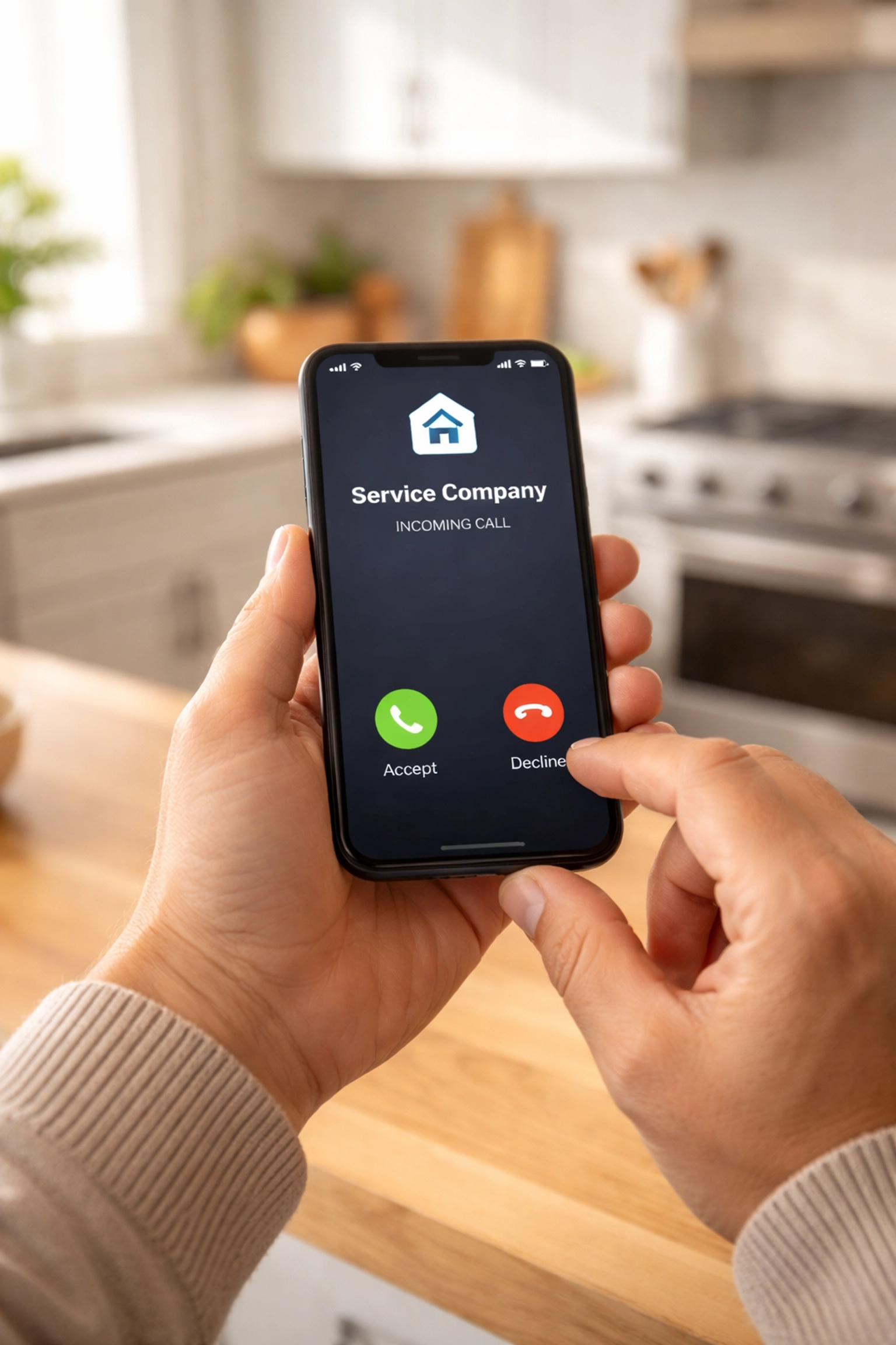 Homeowner holding phone with a service company call, illustrating fast mobile-friendly contractor marketing response.