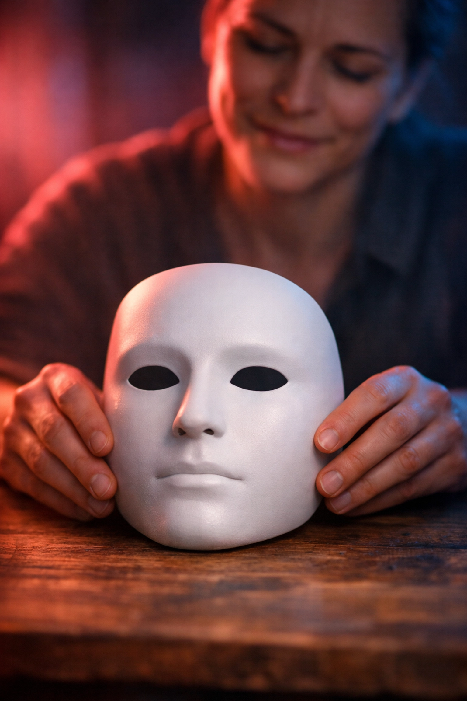 Hands placing a mask on a table, symbolizing the journey from hiding to living as an authentic self.