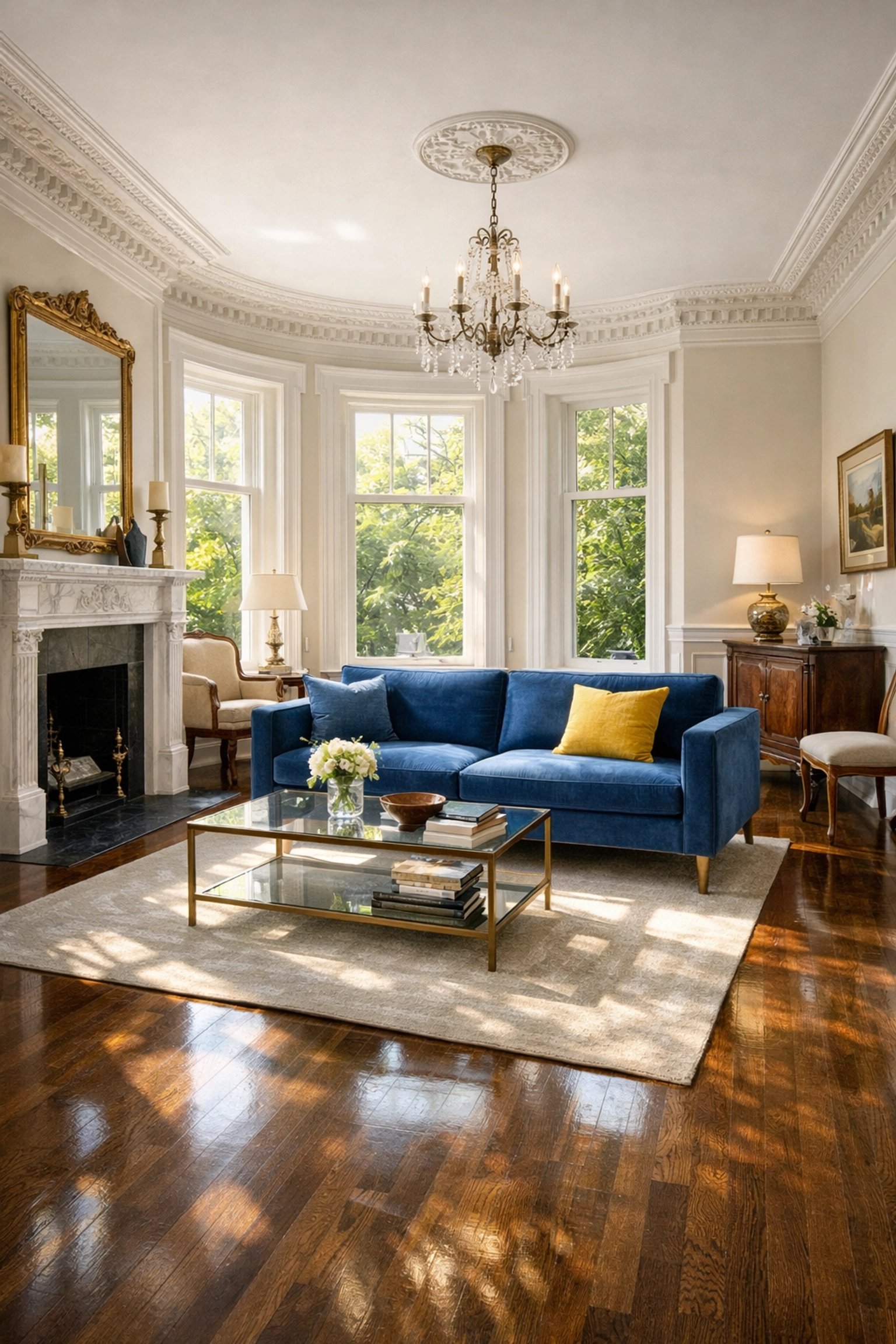 Spotless historic West Cambridge living room with polished hardwood floors after professional house cleaning.