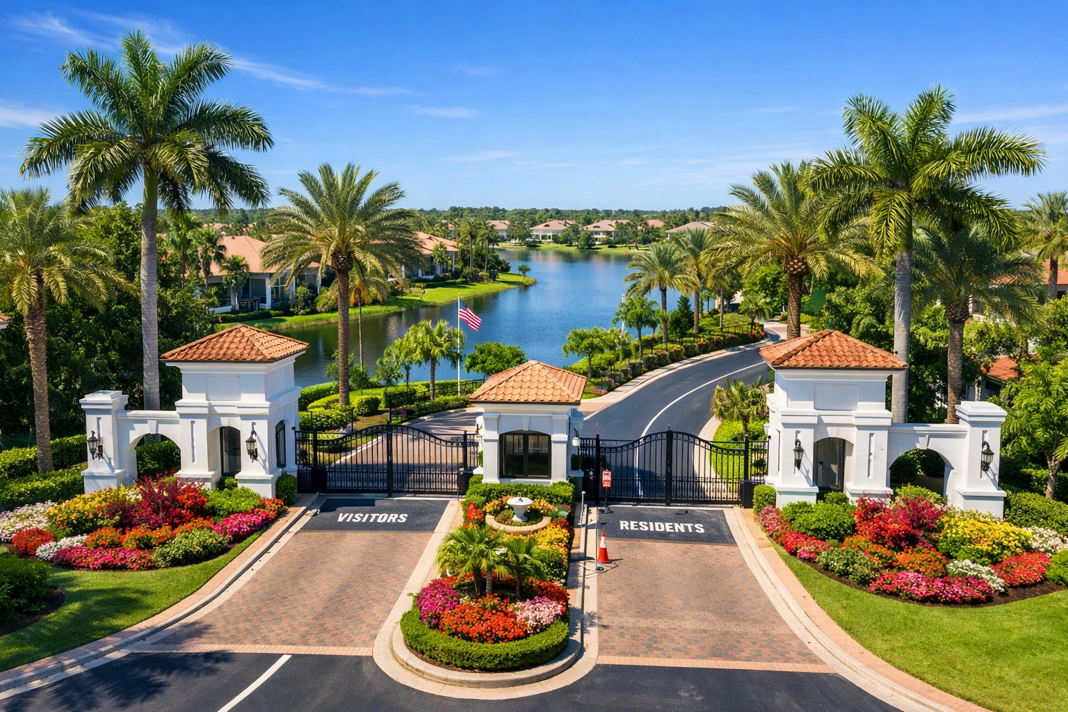 Gated community entrance in Southwest Florida with security gate and palm-lined streets
