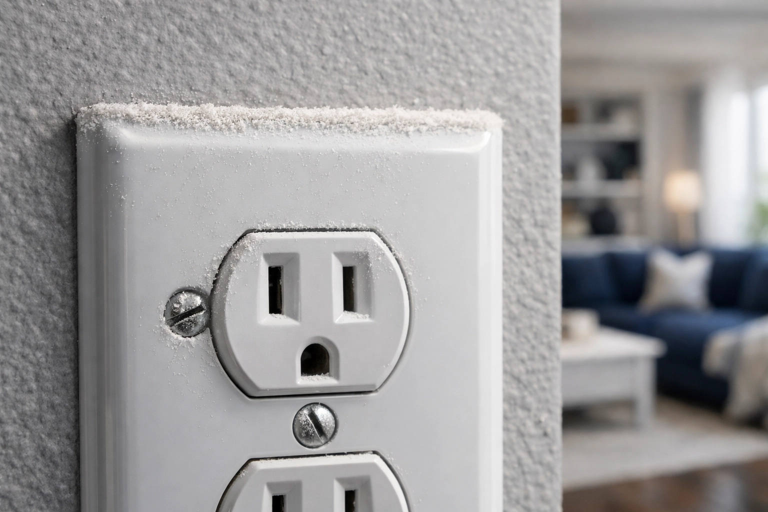 Fine white construction dust sitting on top of a white electrical outlet after home renovations.