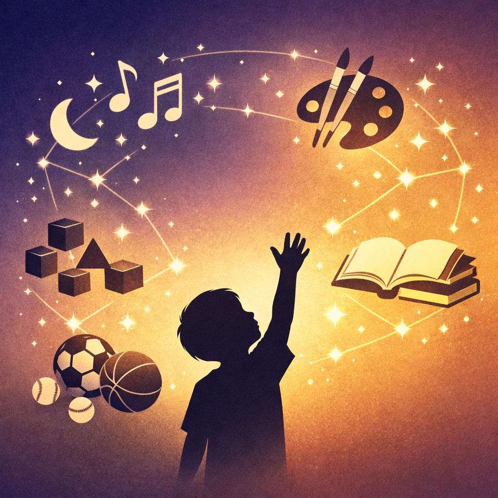Child reaching for God-given talents including music, art, and creative gifts