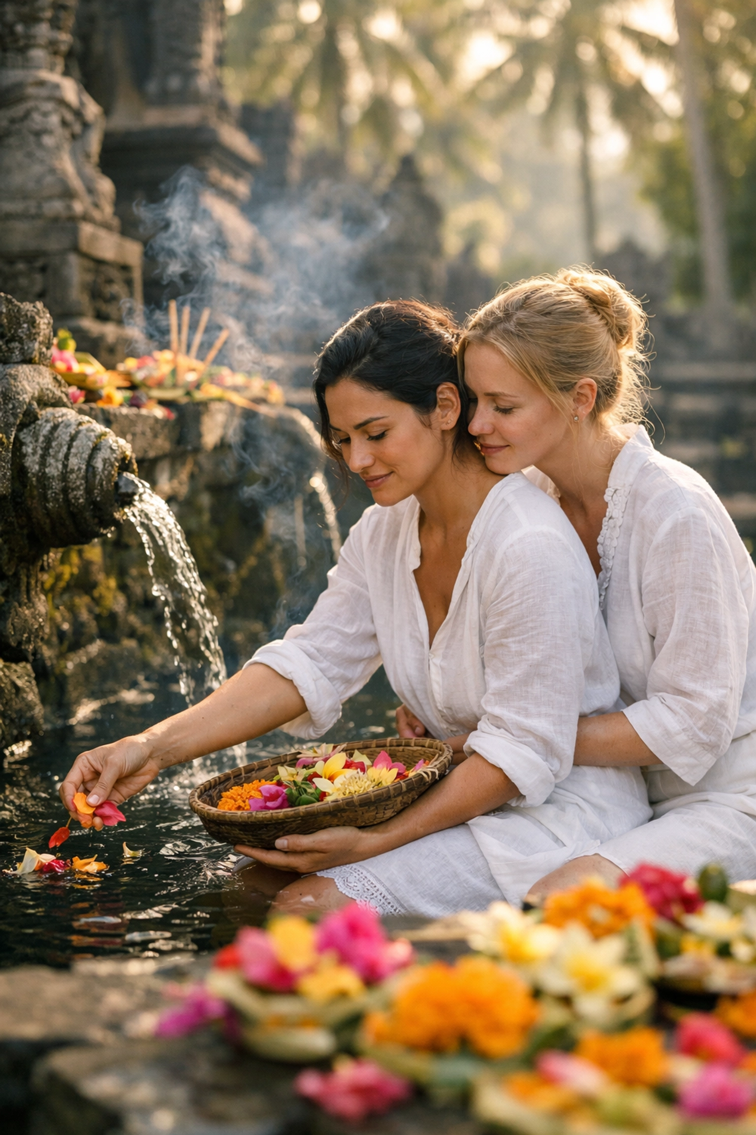 Lesbian couple participating in traditional Balinese spiritual ceremony at water temple