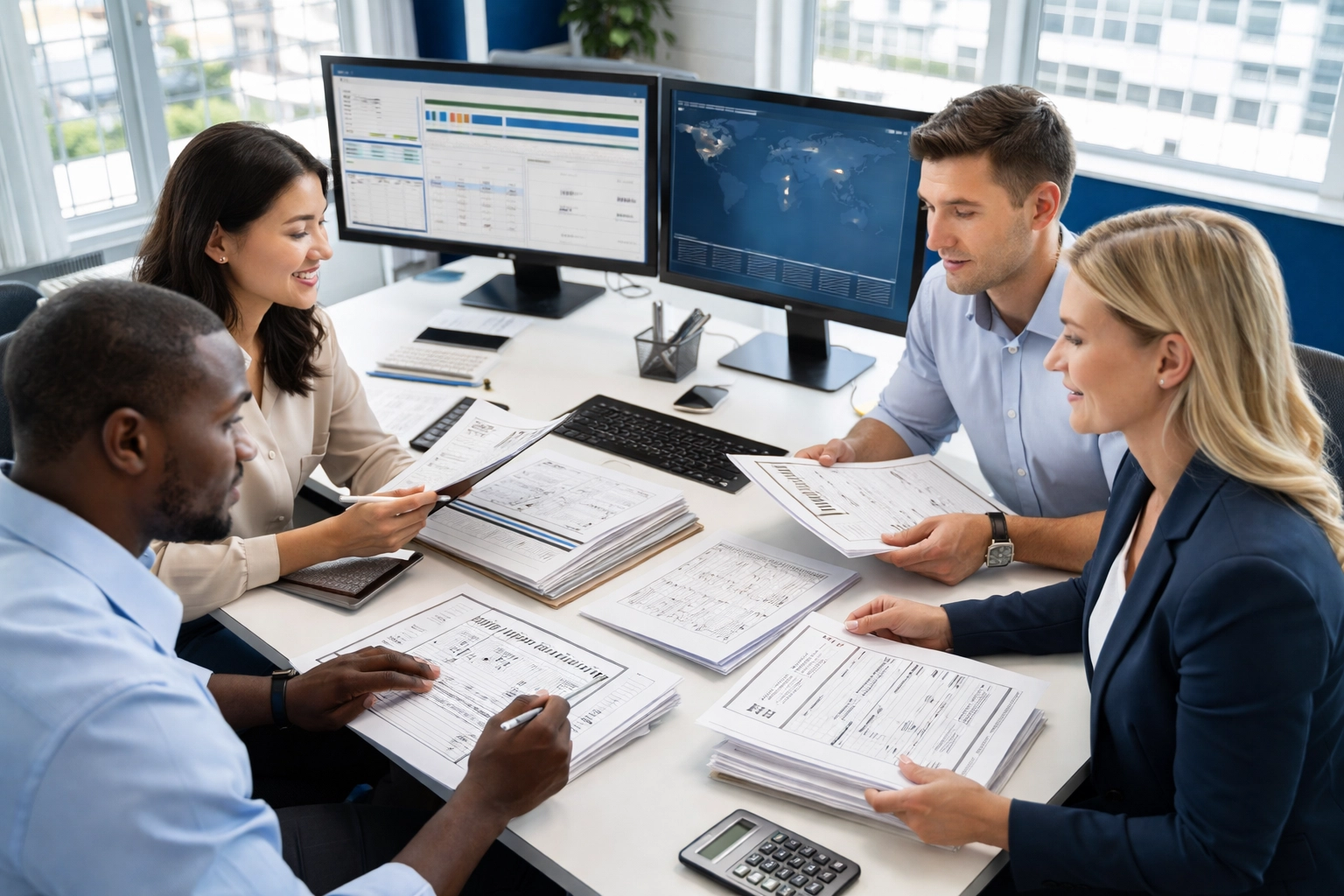 PSI Global Logistics agents reviewing shipping documents in a modern office, ensuring freight forwarding accuracy.