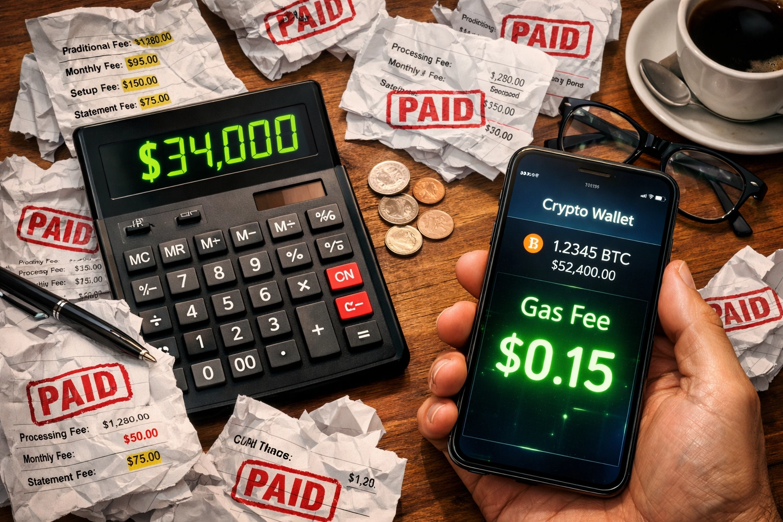 Merchant fee comparison showing $34,000 annual savings with crypto payments