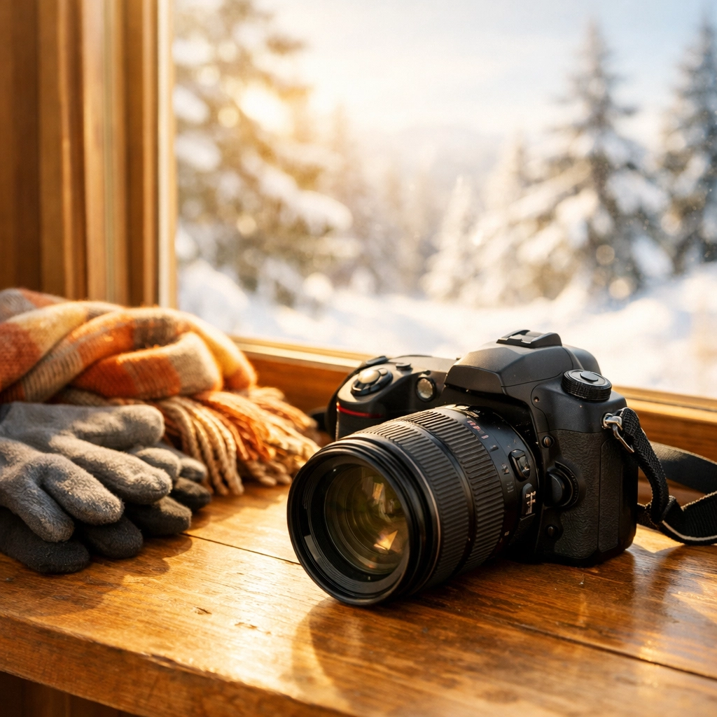 Camera beside window with winter landscape view and warm clothing prepared for photo walk