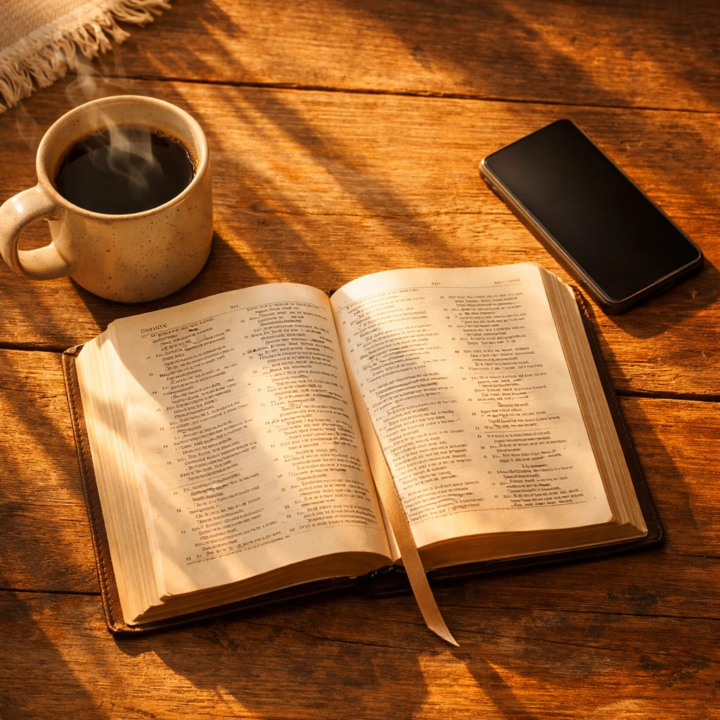Peaceful morning breakfast table with Bible, coffee, and phone face-down in soft morning light