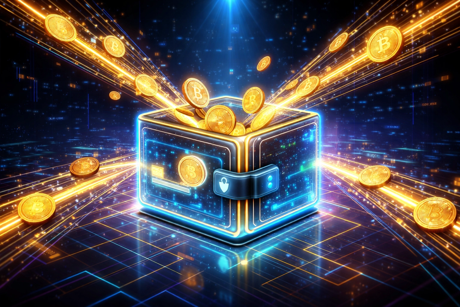 Digital wallet with cryptocurrency coins represents instant, secure self-custody payments for Web3 merchants and LUSD stablecoin.