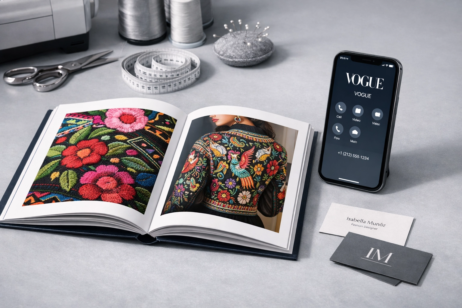 Latin American designer lookbook featuring hand-embroidered Colombian textiles with business cards