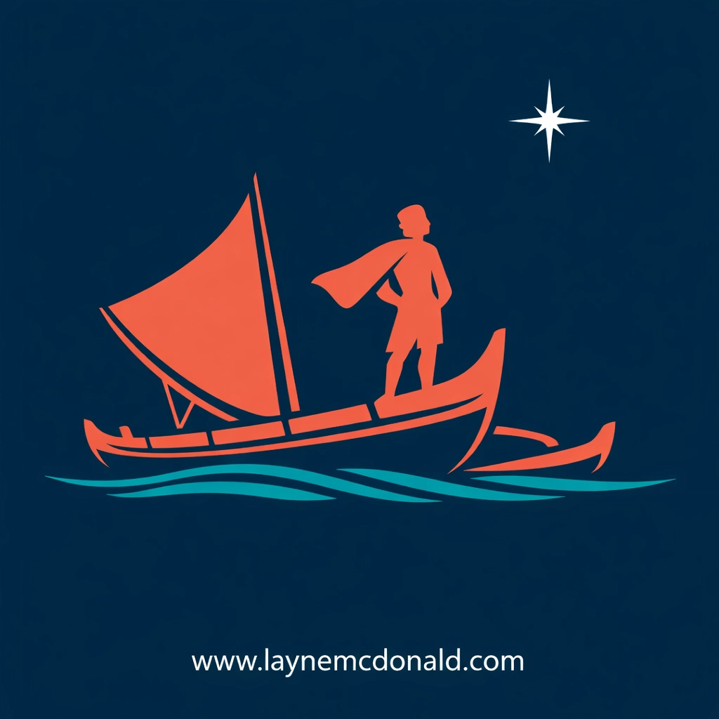 Silhouette of a leader navigating a canoe by a star, illustrating faith-based leadership and stewardship.