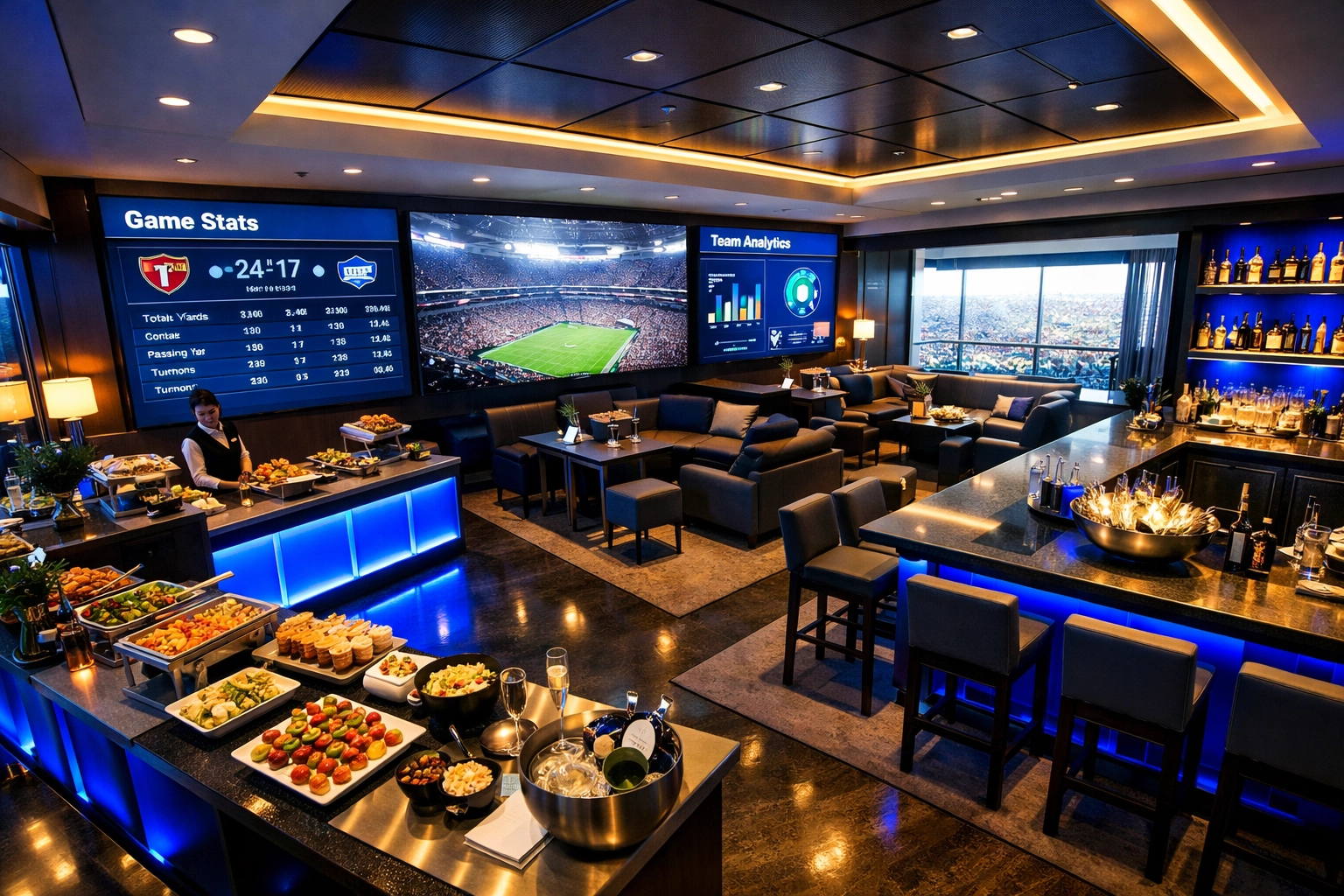 Branded corporate stadium suite with premium catering and displays for Fortune 500 client entertainment