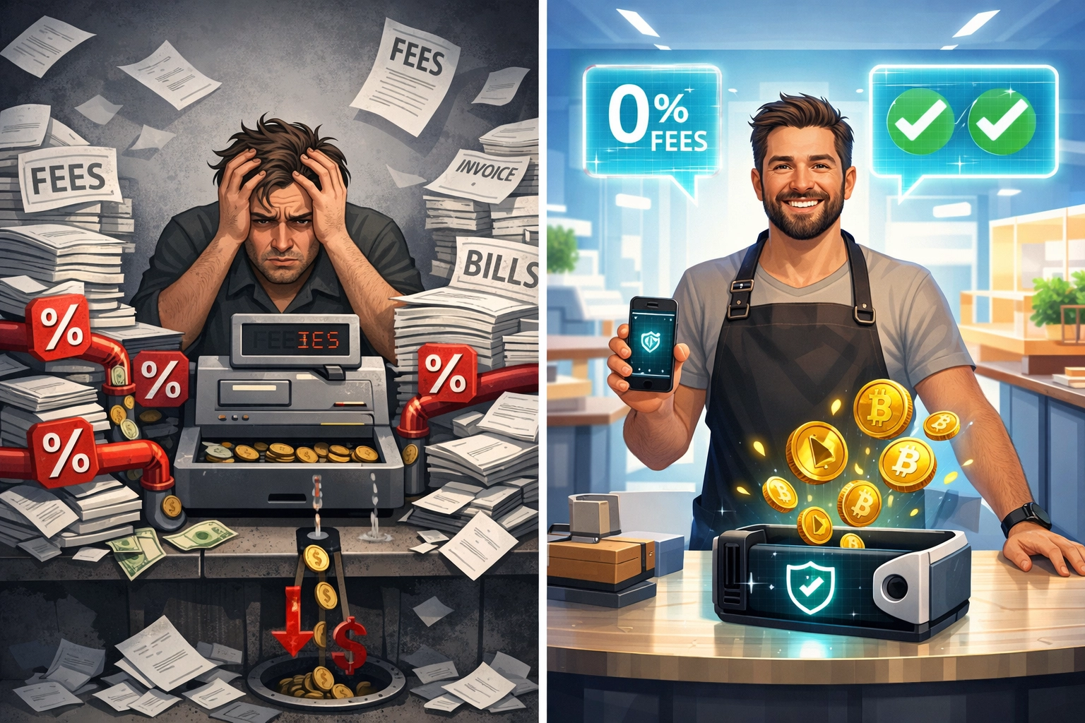 Traditional merchant fees vs gas-only crypto payments cost comparison