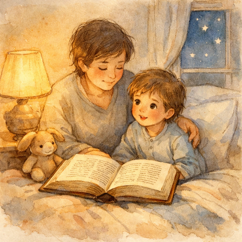 Parent and child reading the Bible together during bedtime family devotion time