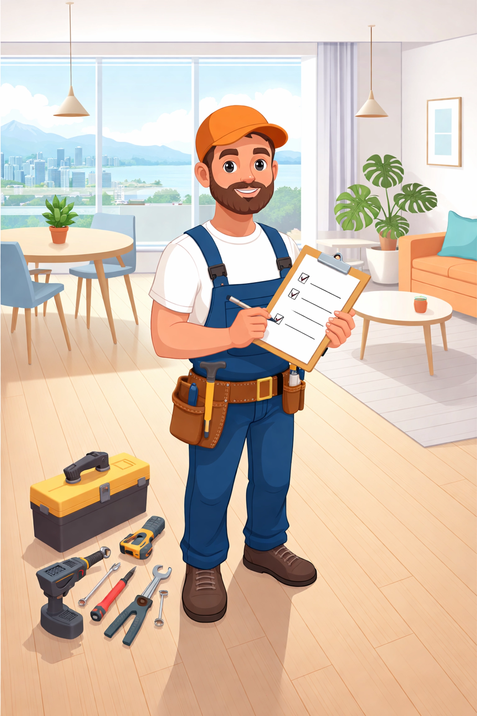 Handyman with checklist and tools in a modern Vancouver home, highlighting service pricing and repair planning