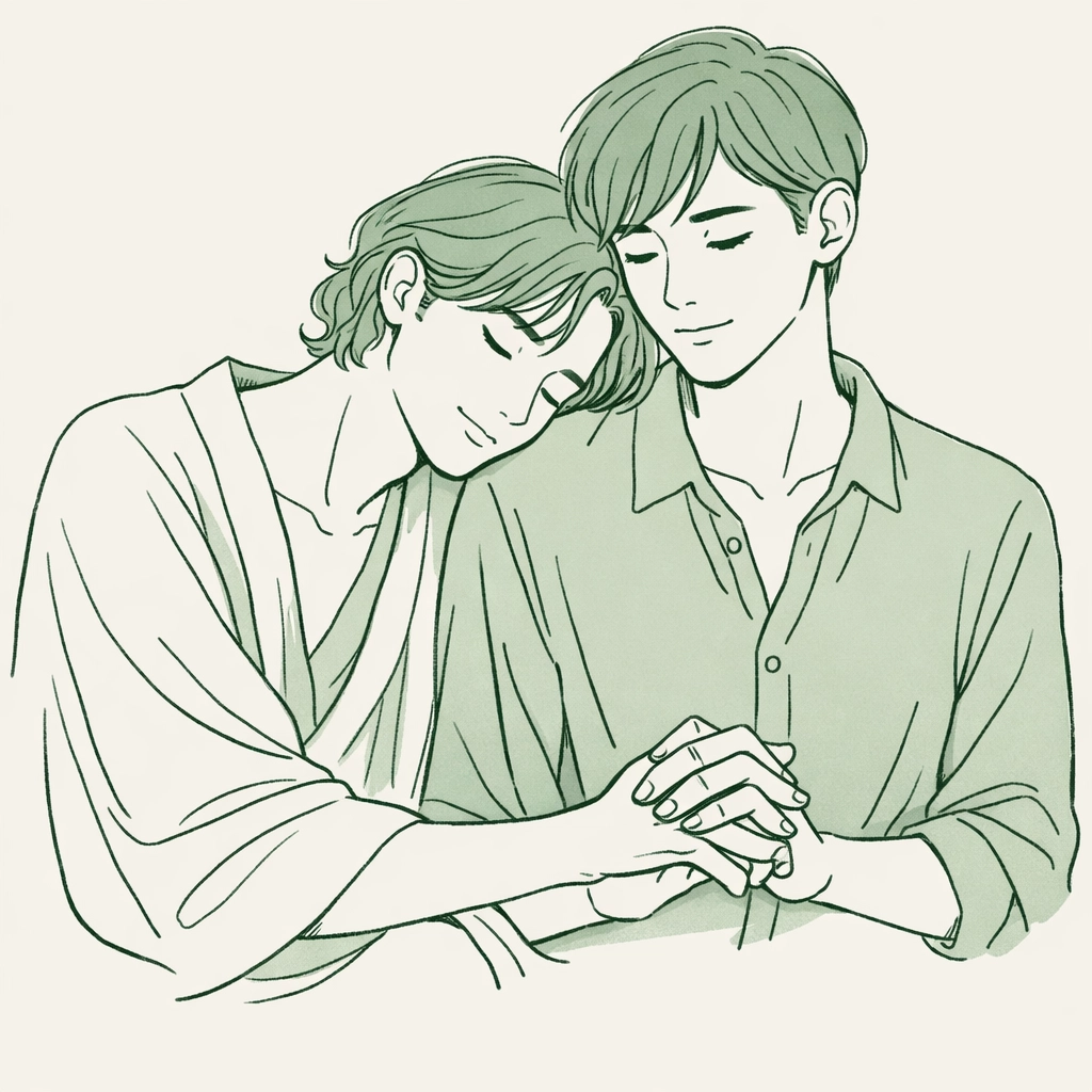 Minimalist illustration of a non-binary MM couple embracing, reflecting emotional depth in gay love stories.