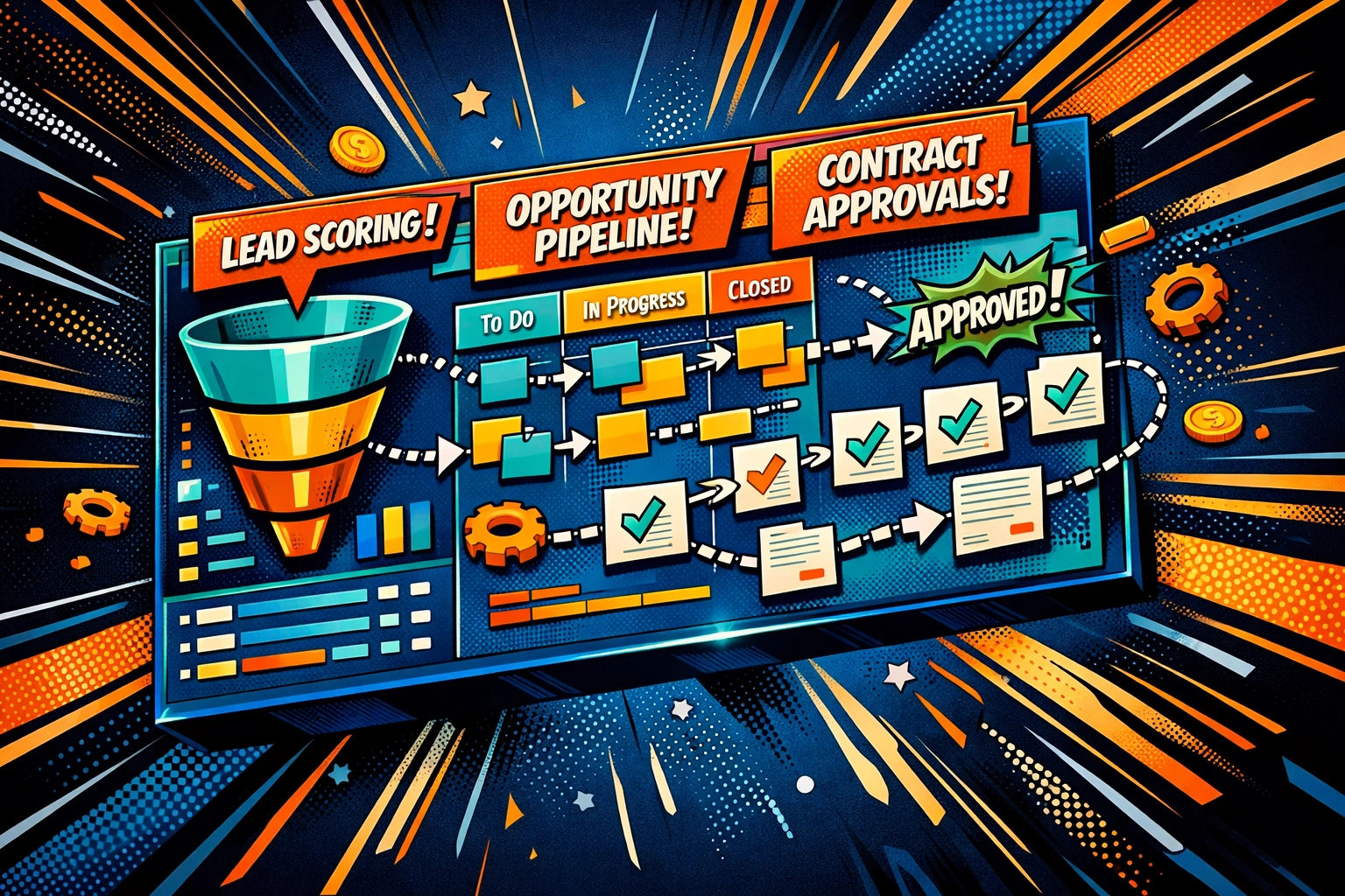 Sales automation workflow dashboard showing lead scoring, pipeline management, and approval processes