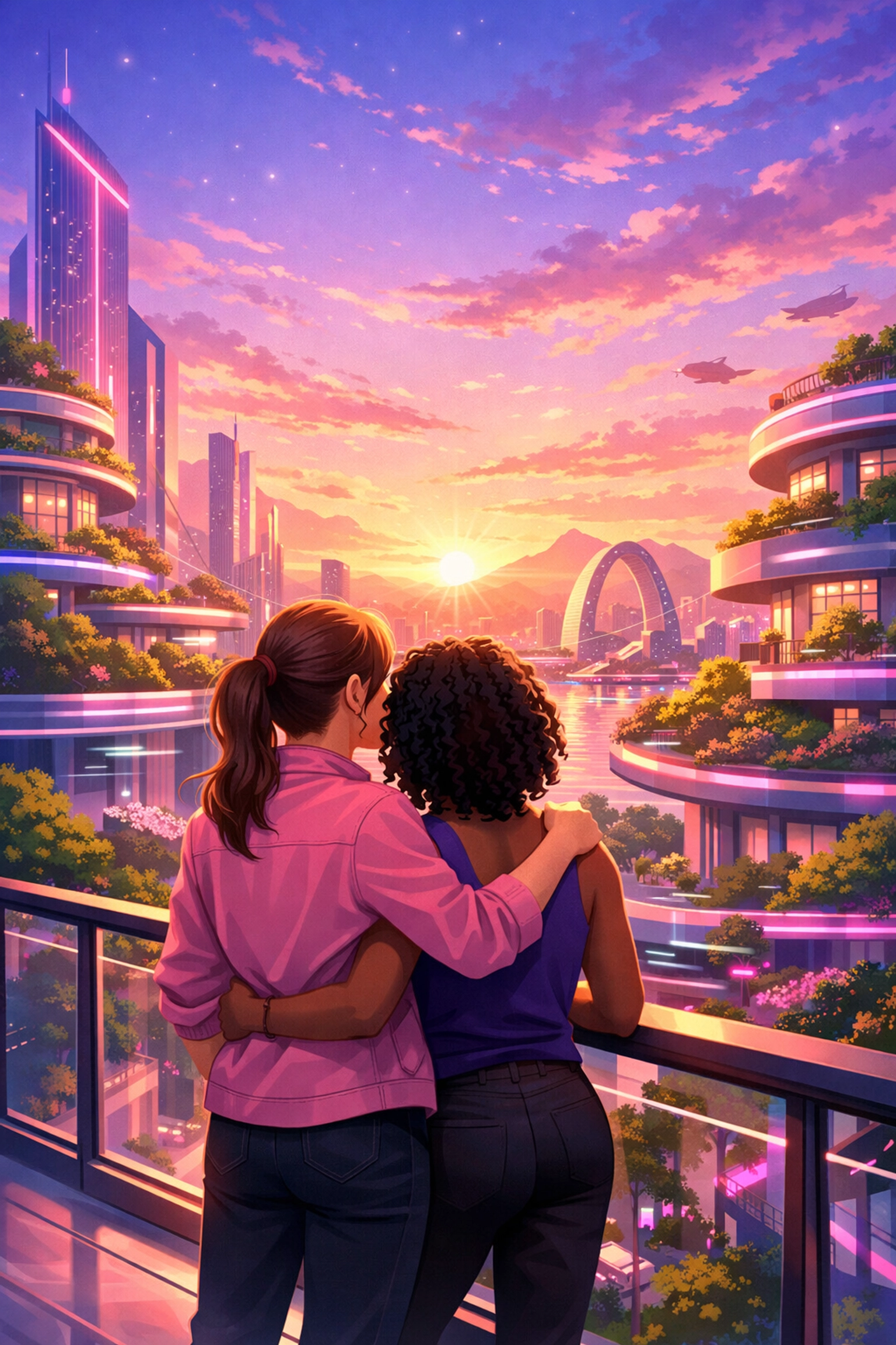 Two women looking toward a sunrise skyline, representing queer future visions and LGBTQ+ resilience.