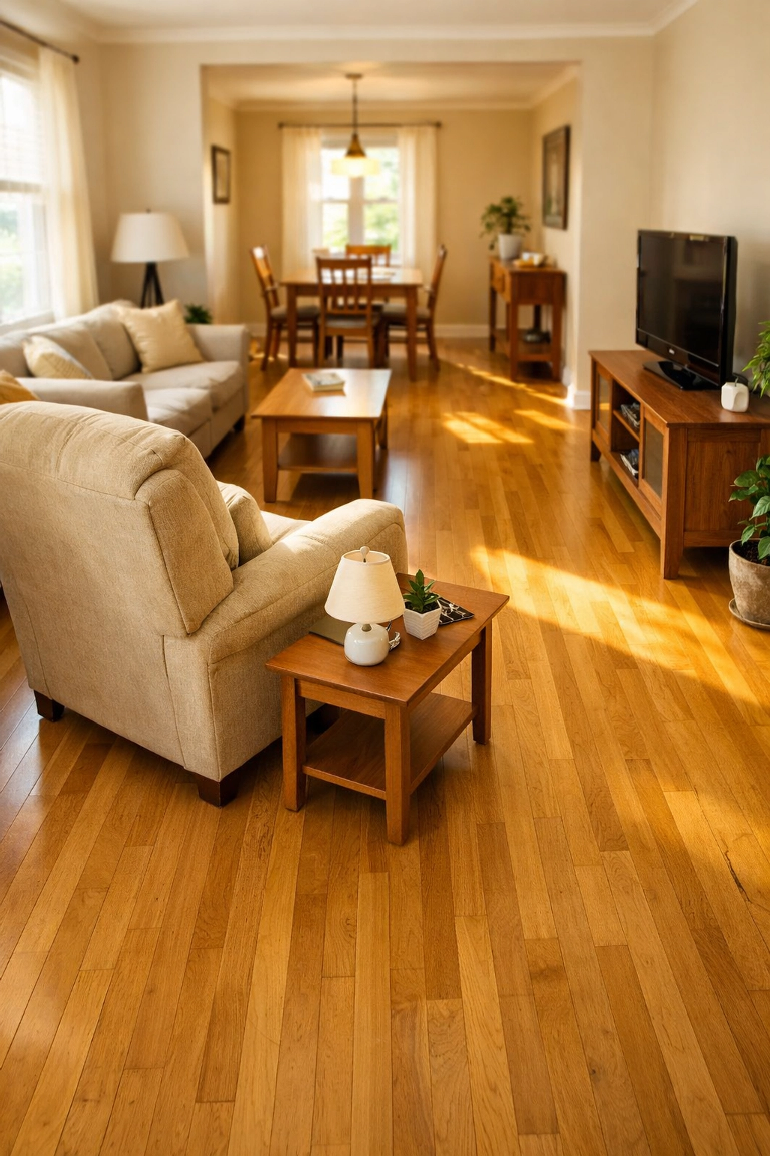 Safe living room layout with clear walking paths and clutter-free floors for fall prevention