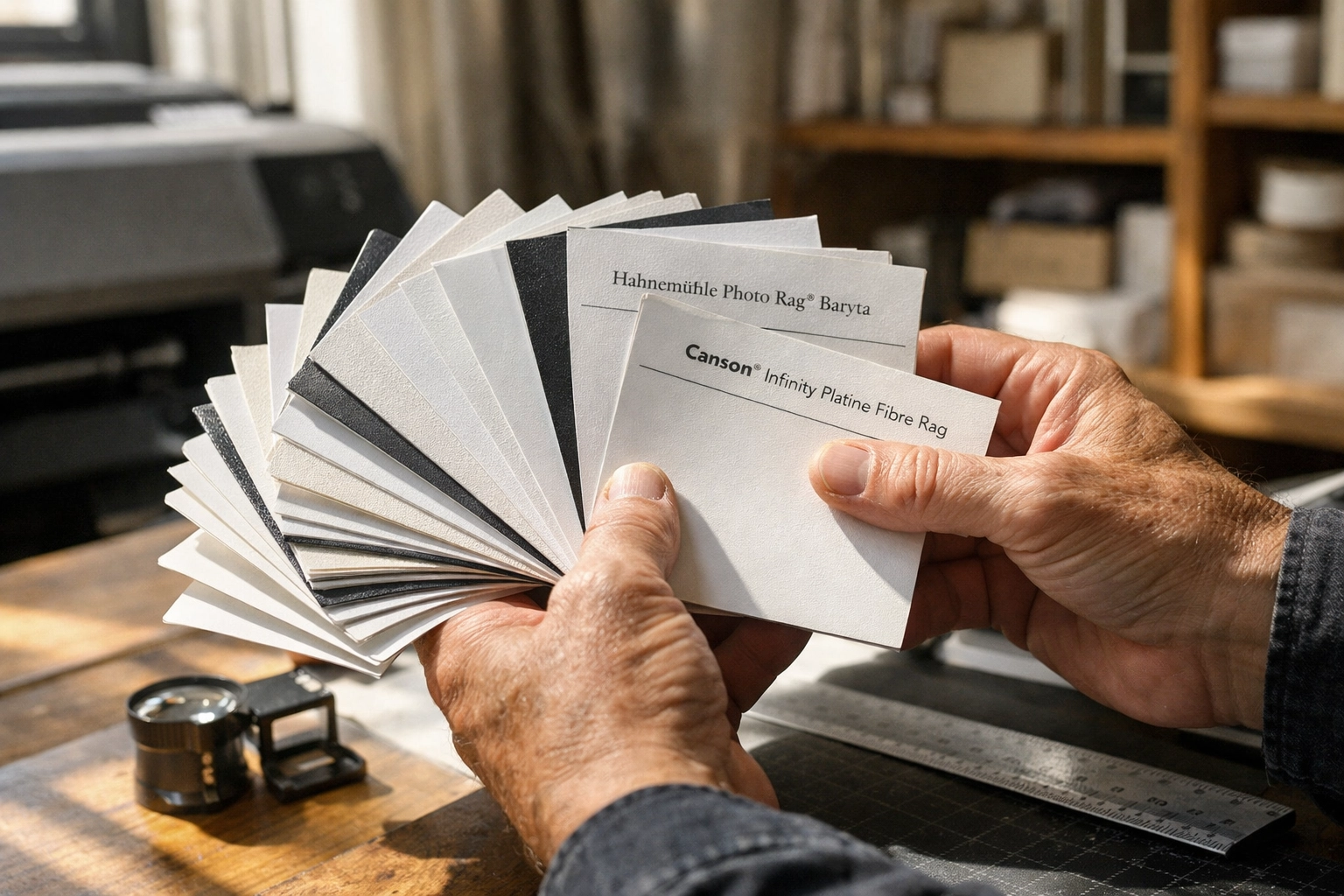 Expert hands examining archival prints and paper textures in a fine art photography print lab.
