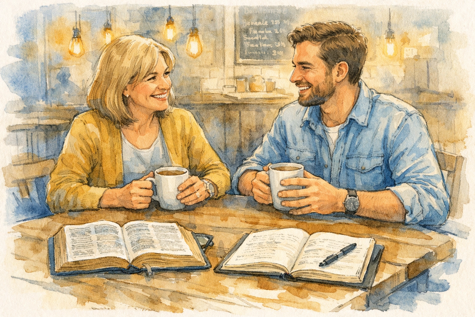 Small group leader and member sharing coffee with Bible during one-on-one meeting