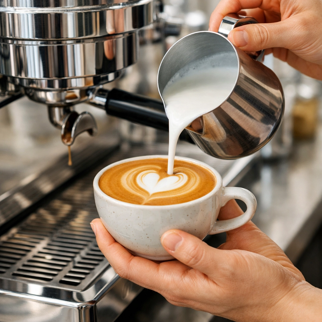 Professional barista pouring latte art using high-quality wholesale coffee equipment.